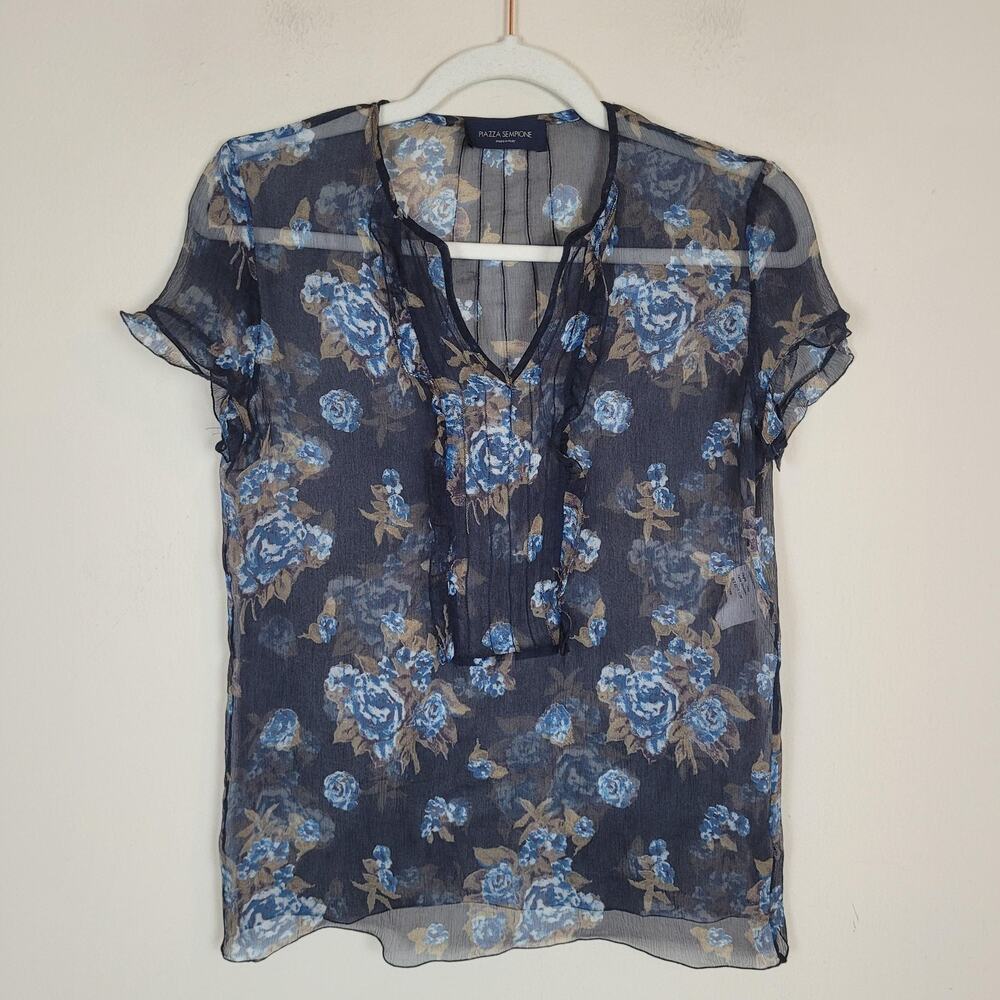 Piazza Sempione Blouse IT38 Blue Floral Silk Sheer Ruffle Flutter Sleeve Top